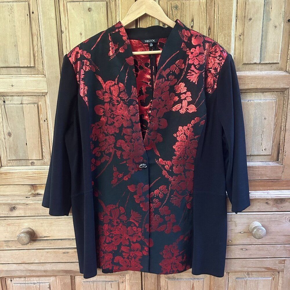Misook 1X Red Black Evening Jacket Blazer Mature Plus Shimmer Floral 3/4 Sleeves